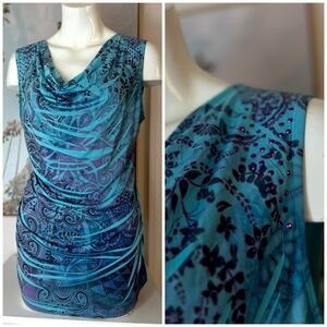 Style & Co Blue Paisley Cowl Neck Sleeveless Blouse Rhinestone Detail Size M